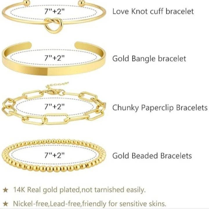 4 Pieces Gold-Tone Plated Bangle Set for Women-Stackable Anti-Tarnish Bracelets