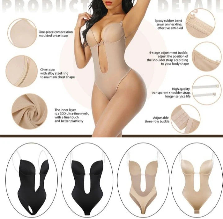 U Plunge Bra Backless Thong Bodysuit-Seamless,Shapewear,LowCut,Sexy,Comfort