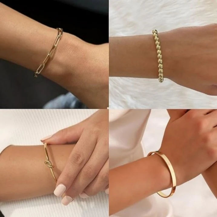 4 Pieces Gold-Tone Plated Bangle Set for Women-Stackable Anti-Tarnish Bracelets